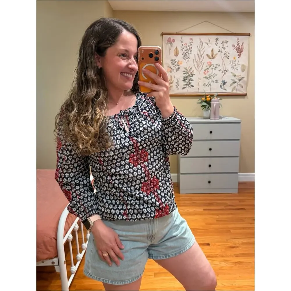 J. Crew Navy Floral Peasant Blouse with Red and White Motif Floral 2